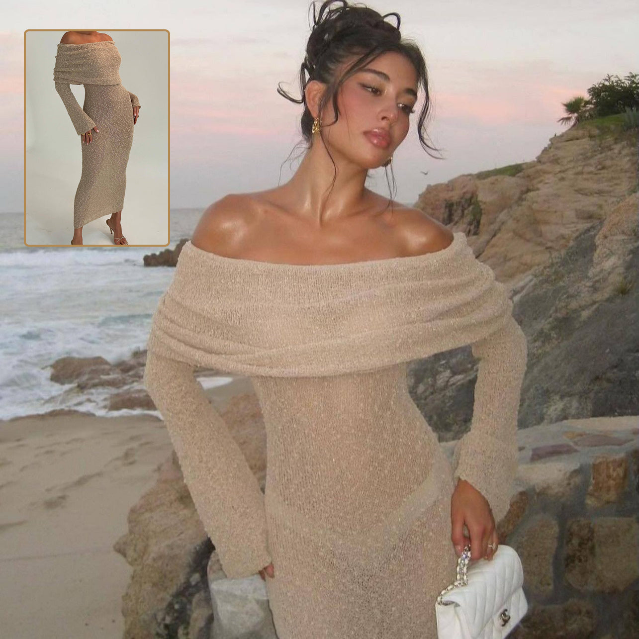 Off-shoulder Knitted Long-sleeved Maxi Dress