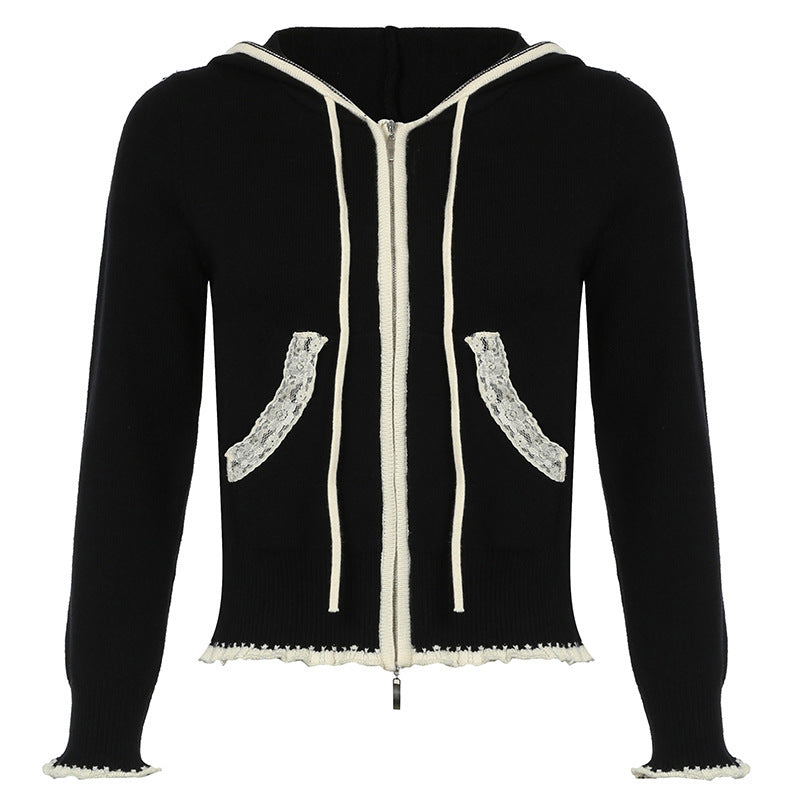 Lace Stitching Woolen Hooded Sweater