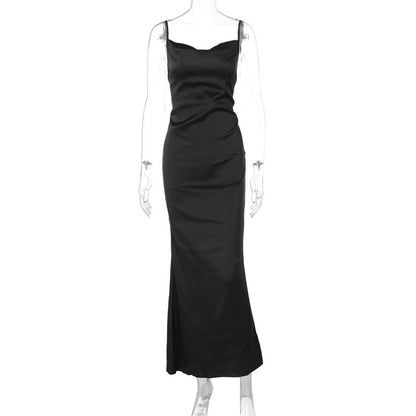 Solid Color Stitching Tied Tie Waist Slim Strap Dress