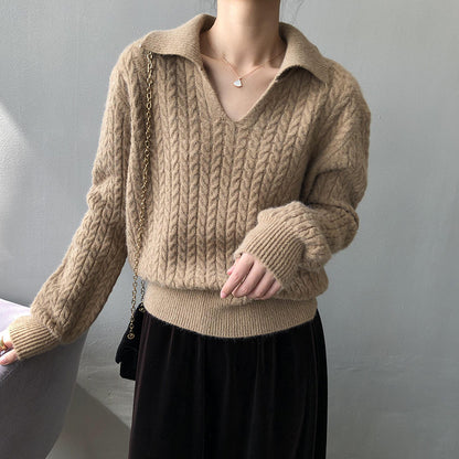 Minimalist Style V Neck Loose Fitting Lazy Knit Top