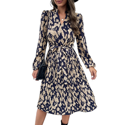 Women's Pleated Print Long Sleeve Dress