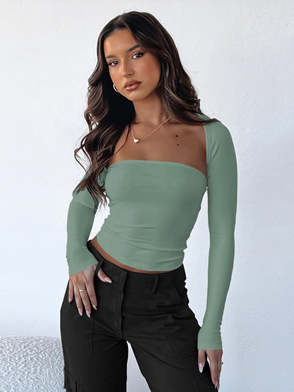 Sexy Tube Top Cinched Waist T-shirt Long Sleeve Tight Two-piece Blouse Women's Top