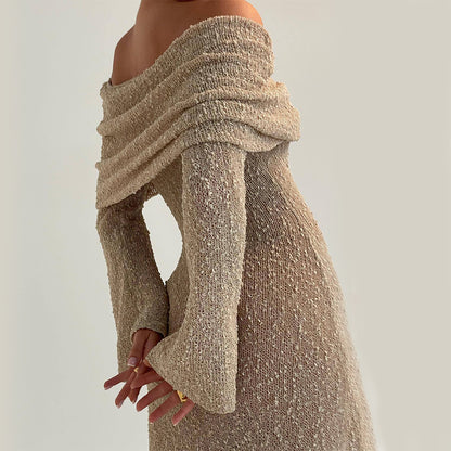 Off-shoulder Knitted Long-sleeved Maxi Dress