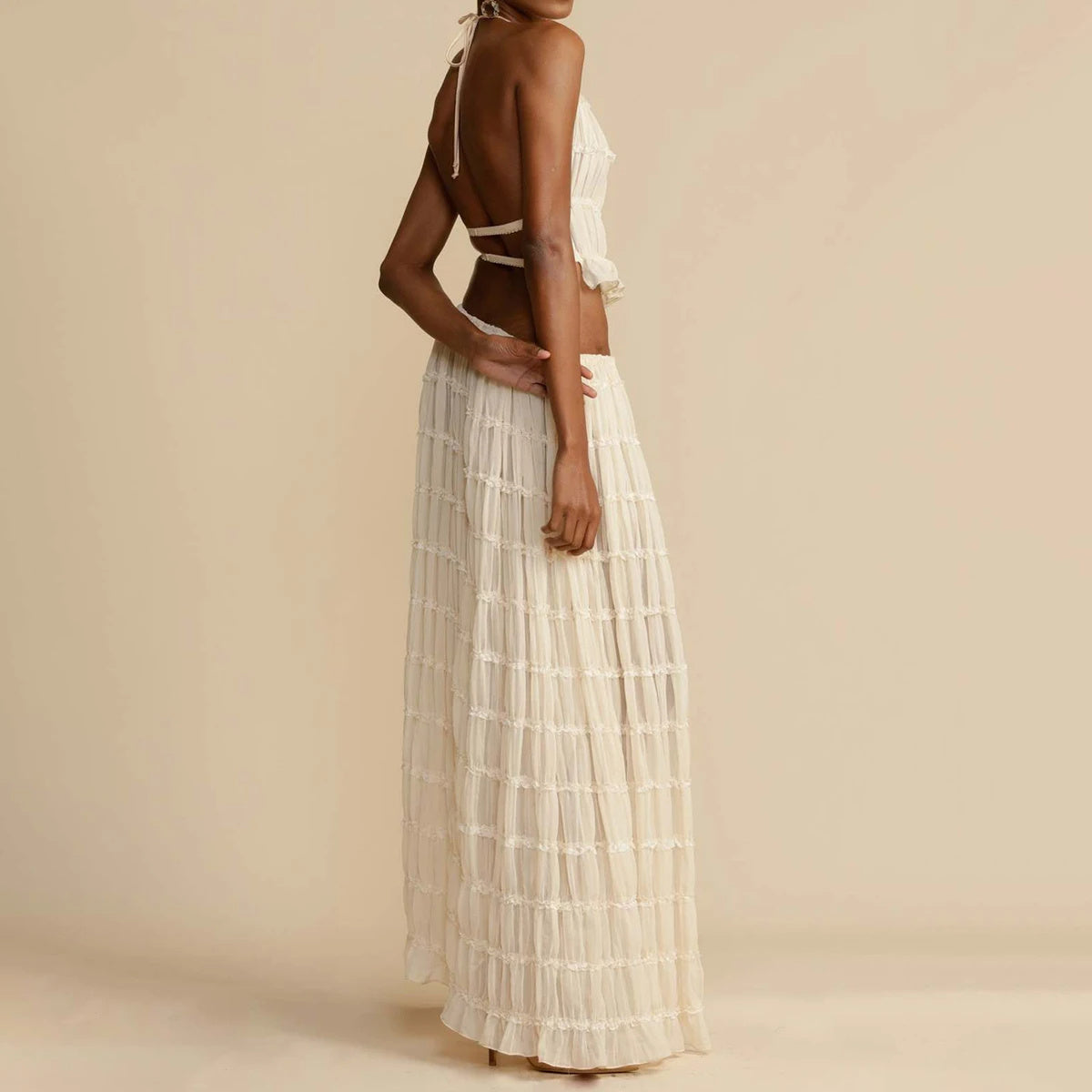 Backless Cropped Halter Top And Pleated Long Skirt Set