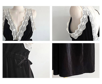 Vintage Velvet Temperament Elegant Lace-trimmed Slip Dress