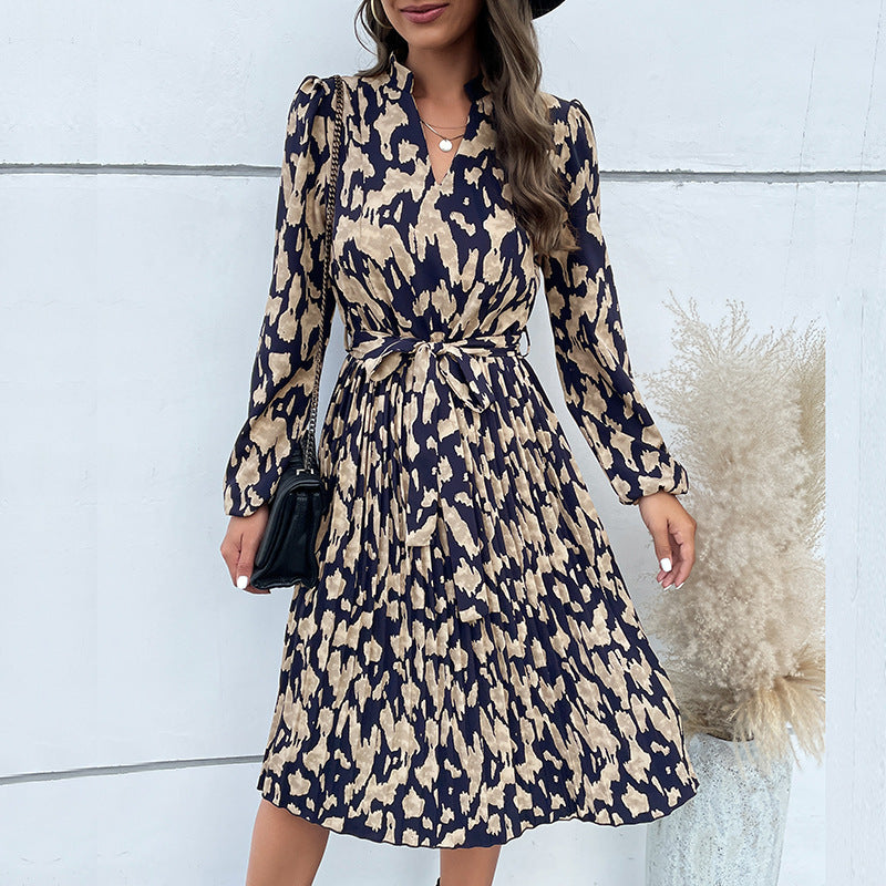 Women's Pleated Print Long Sleeve Dress