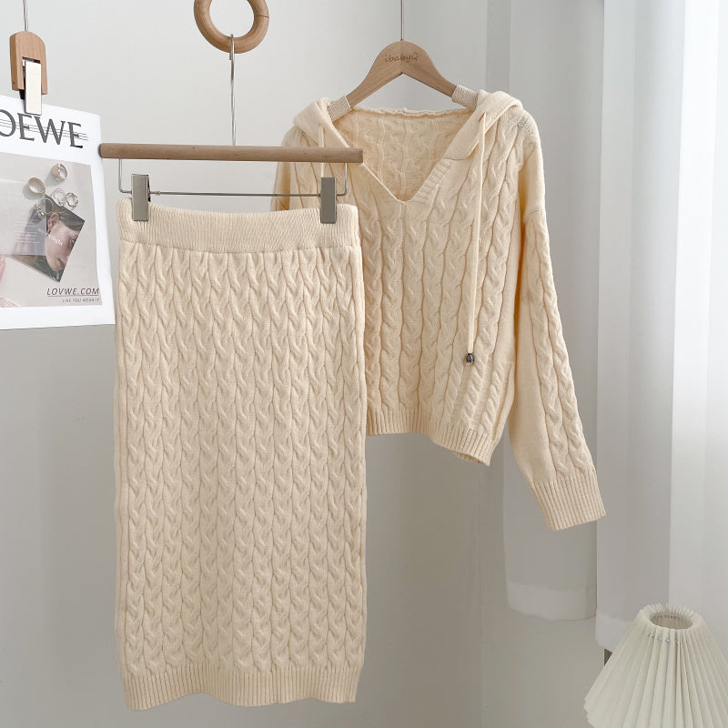 Loose Fried Dough Twists Knitting Sweater Skirt Set