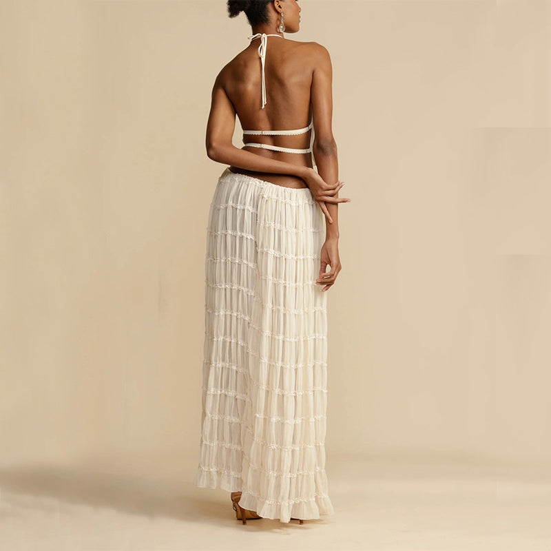 Backless Cropped Halter Top And Pleated Long Skirt Set