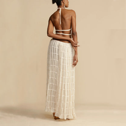 Backless Cropped Halter Top And Pleated Long Skirt Set