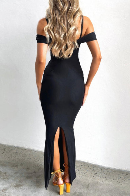 Sneak Peek off-shoulder cut-out back slit maxi dress