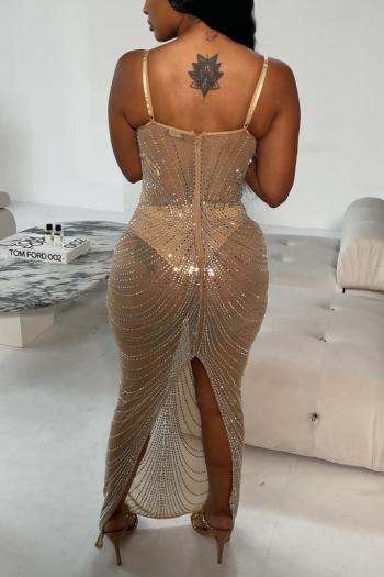 Let's Mingle rhinestone mesh slit maxi dress