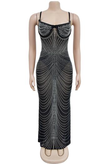 Let's Mingle rhinestone mesh slit maxi dress