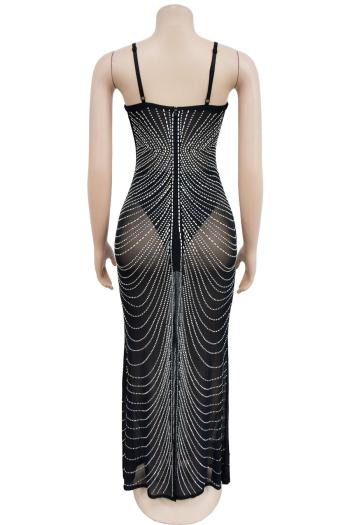 Let's Mingle rhinestone mesh slit maxi dress