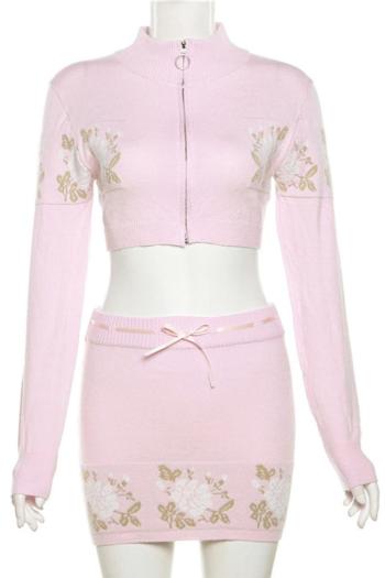 Cute 4 Spring ribbed knit flower zip-up mini skirt set