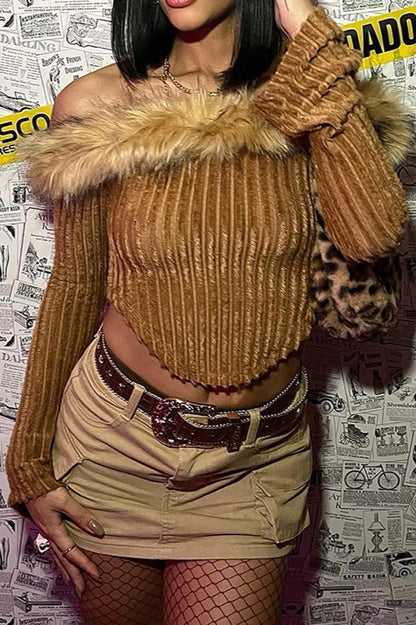 Alaska fur collar off shoulder crop top