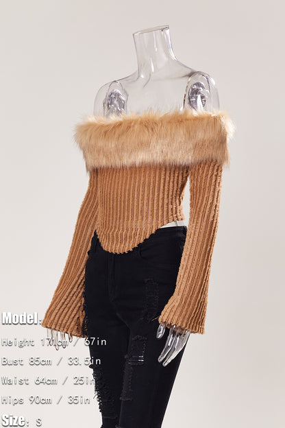 Alaska fur collar off shoulder crop top