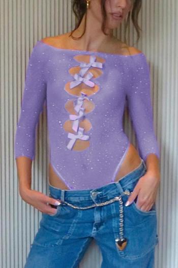 I Don't Care see-through rhinestone bow decor bodysuit