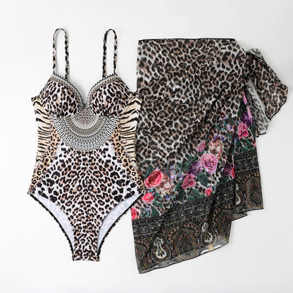 Leopard Print Casual One-piece Swimsuit Mesh Long Dress Set