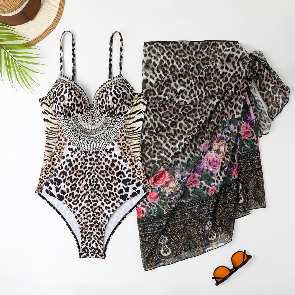 Leopard Print Casual One-piece Swimsuit Mesh Long Dress Set