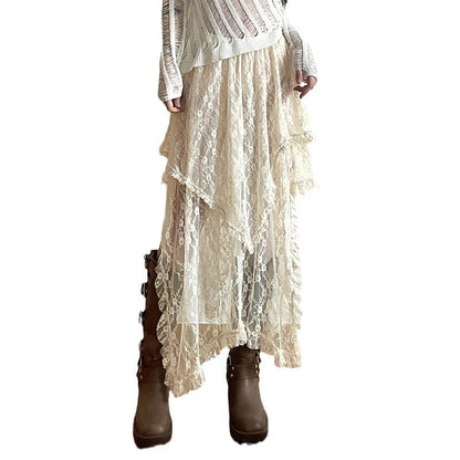 Casual Style Low Waist Double Layer Lace Long Dress