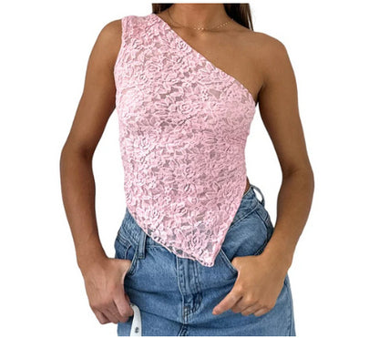 Ins Lace Backless Asymmetrical Sloped Neck Top