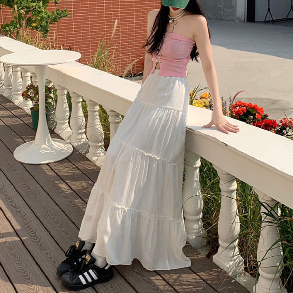 Summer High Waist Elastic Waist Pleated Casual Mid-length Skirt