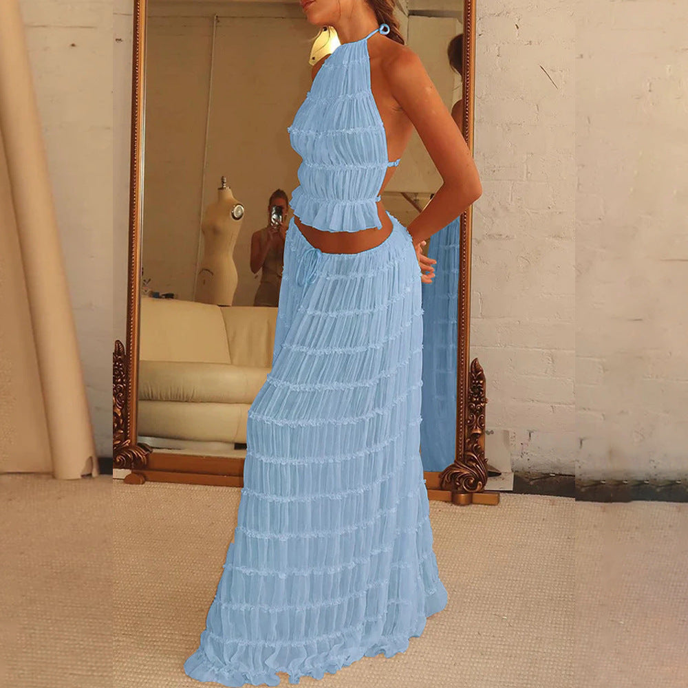 Backless Cropped Halter Top And Pleated Long Skirt Set