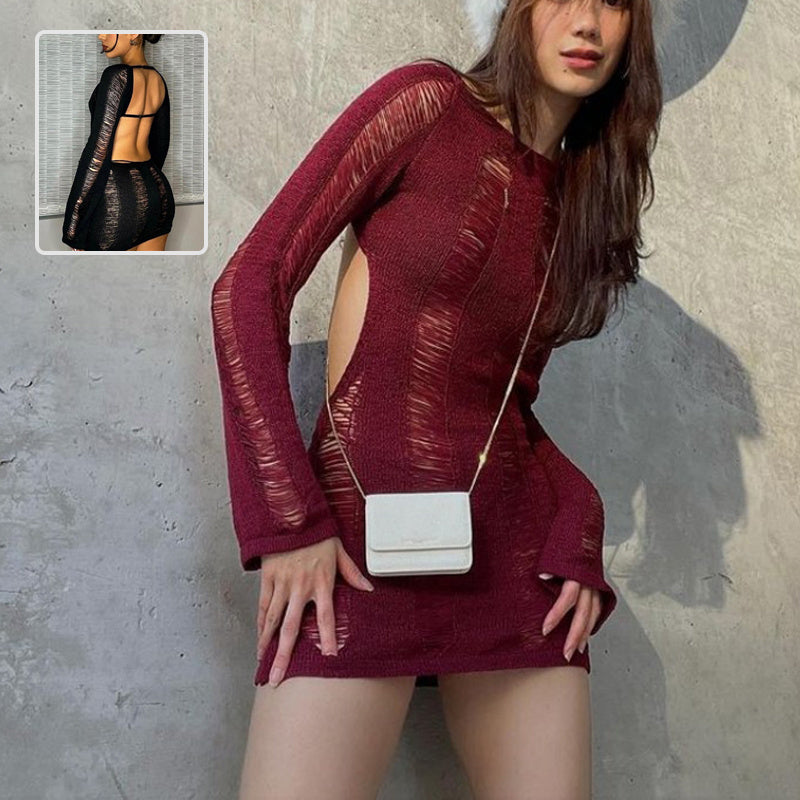 Slim Fit Hollow Long Sleeve Backless Hip-hugging Short Dress