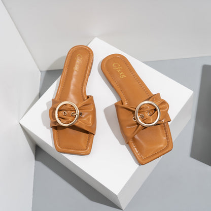 Fashion Belt Buckle Solid Color Square Toe Slide Sandals