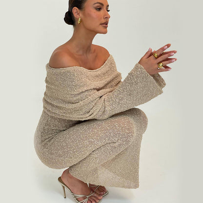 Off-shoulder Knitted Long-sleeved Maxi Dress