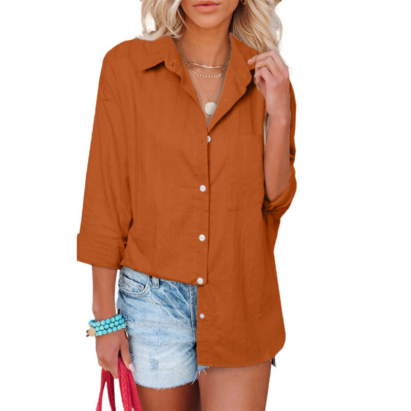 Single Breasted Solid Lapel Vertical Bar Blouse