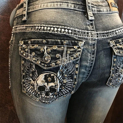 Hot Pants New Retro Embroidered Skull Hot Rhinestone Elastic Slim Fit Slimming Skinny Denim Trousers