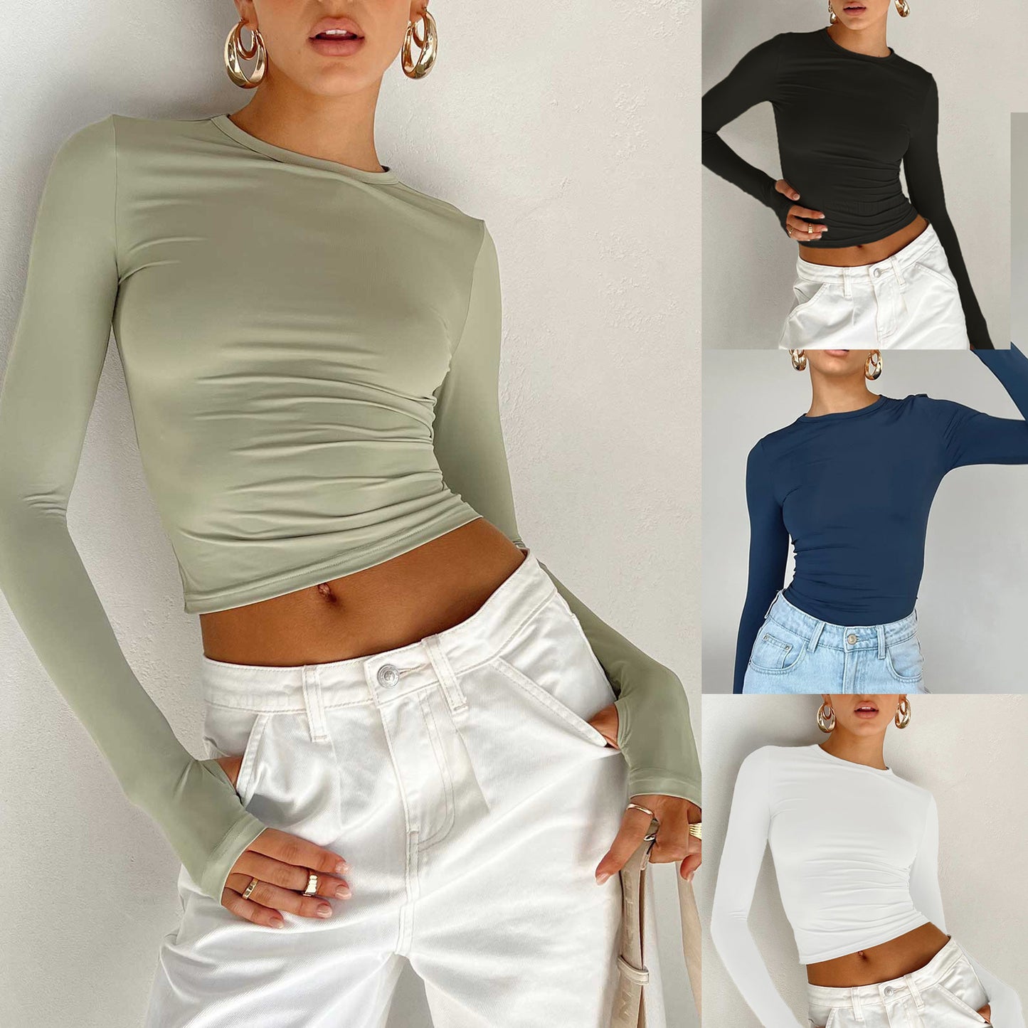 New Women's Solid Color Base Round Neck Long Sleeve Top Women