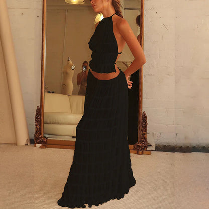 Backless Cropped Halter Top And Pleated Long Skirt Set