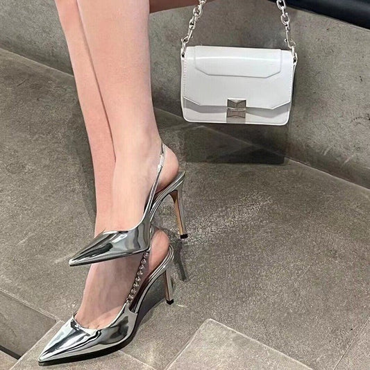 Pointed Toe French Sandals Summer Flattering Silver High Heels