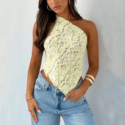 Ins Lace Backless Asymmetrical Sloped Neck Top