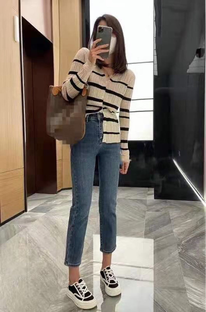 Fall Winter New Style Womens Brushed Cigarette Jeans