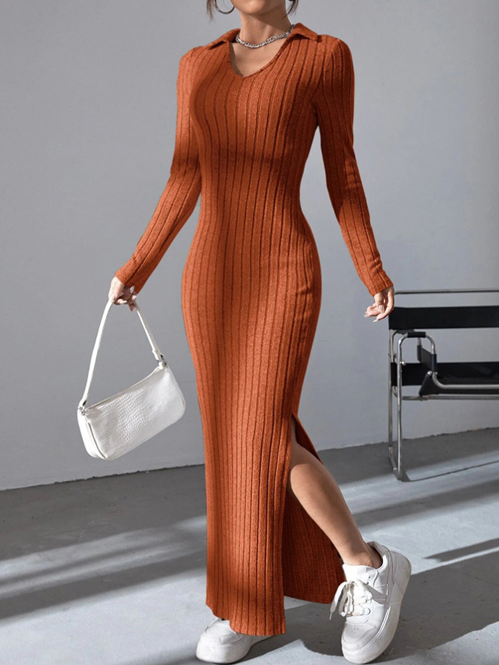 Women's Knitted Slim Lapel Long Sleeve Dress