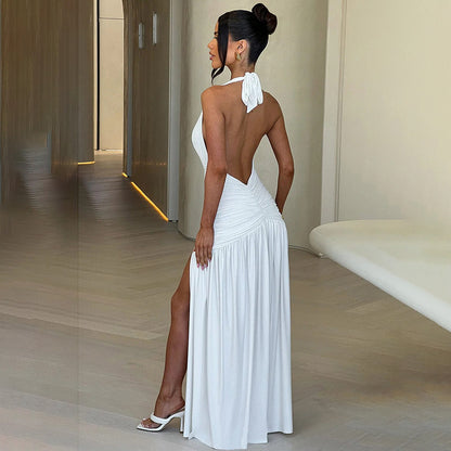 Socialite Style V-neck Halter Neck Slit Pleated Maxi Dress