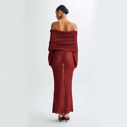 Off-shoulder Knitted Long-sleeved Maxi Dress