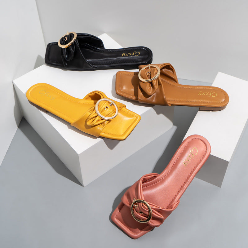 Fashion Belt Buckle Solid Color Square Toe Slide Sandals