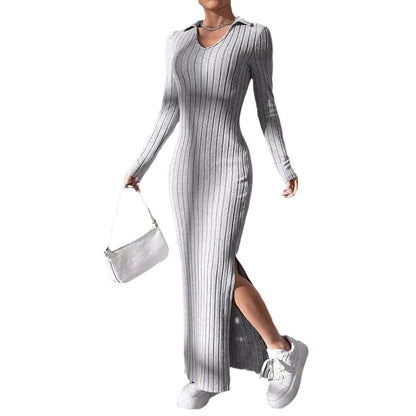 Women's Knitted Slim Lapel Long Sleeve Dress