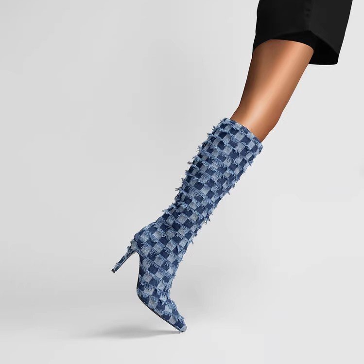 Chessboard Plaid Denim Blue Cloth Women's Boots