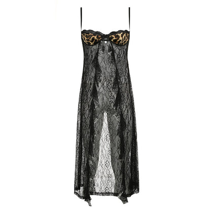 Leopard Print Element Lace Splicing Sling Sheer Cutout Sleeveless Top