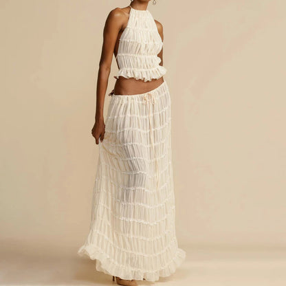 Backless Cropped Halter Top And Pleated Long Skirt Set