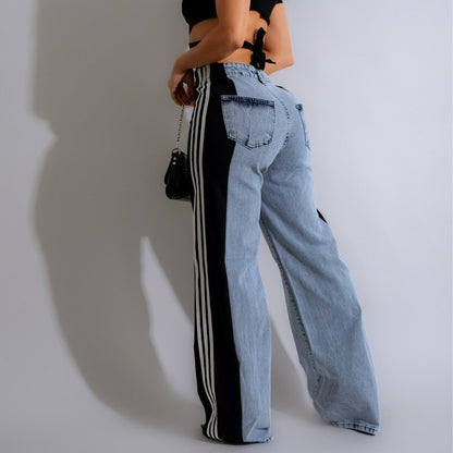 Stitching Wide Leg Denim Trousers Women's High Waist Stretchy Straight-leg Pants