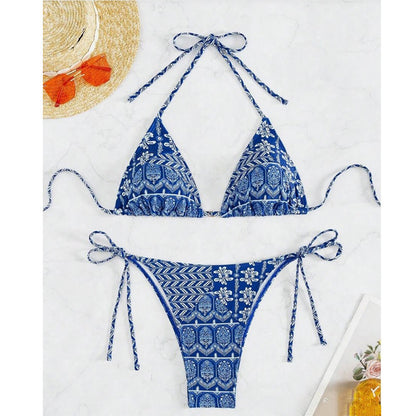 Split Bikini Printing Stitching Bandage Swimsuit