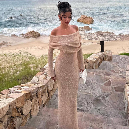 Off-shoulder Knitted Long-sleeved Maxi Dress