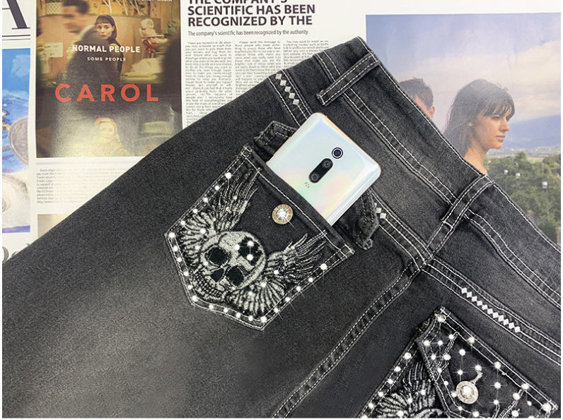 Hot Pants New Retro Embroidered Skull Hot Rhinestone Elastic Slim Fit Slimming Skinny Denim Trousers