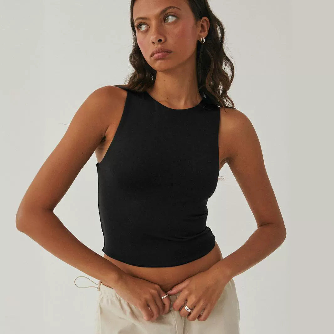 Cropped Sleeveless Tight Bottoming Shirt Round Neck I-shaped Vest